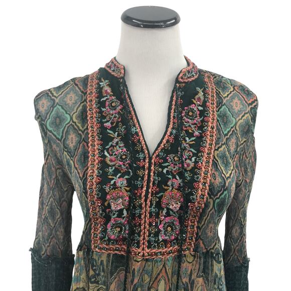 Soft Surroundings Shira Green Embroidered Tassel Neck Top - Picture 4 of 10